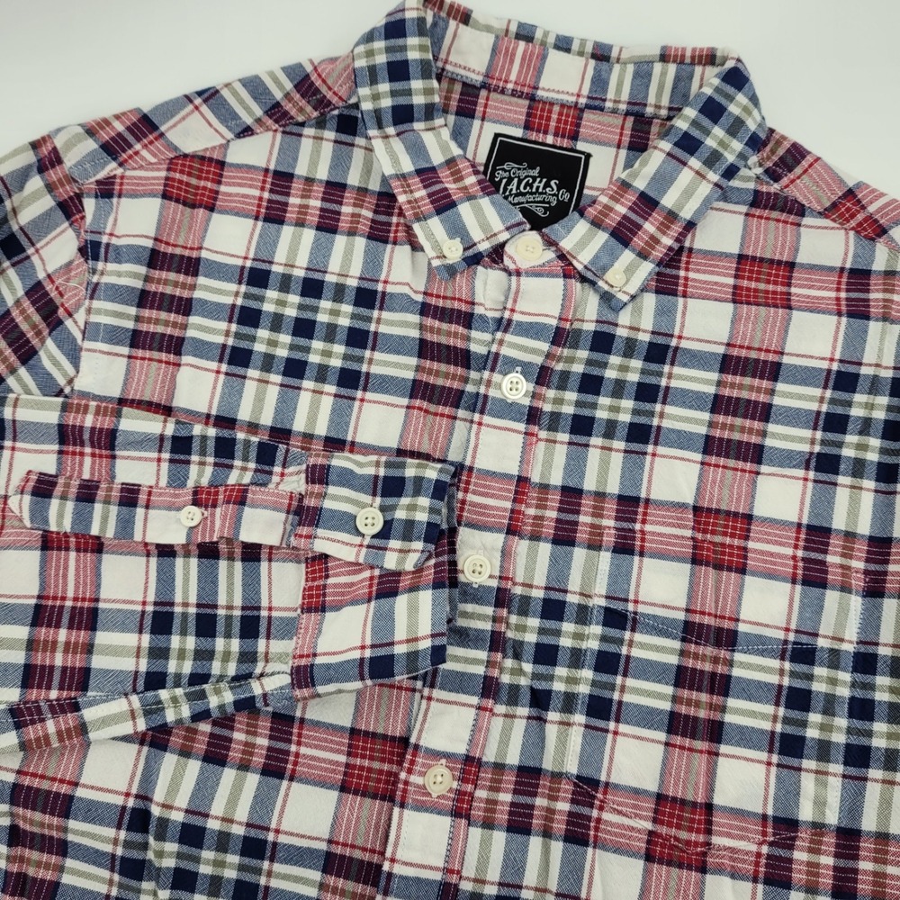 JACHS Mens M Red Navy Blue Plaid Cotton Button Down Shirt Long Sleeve Preppy